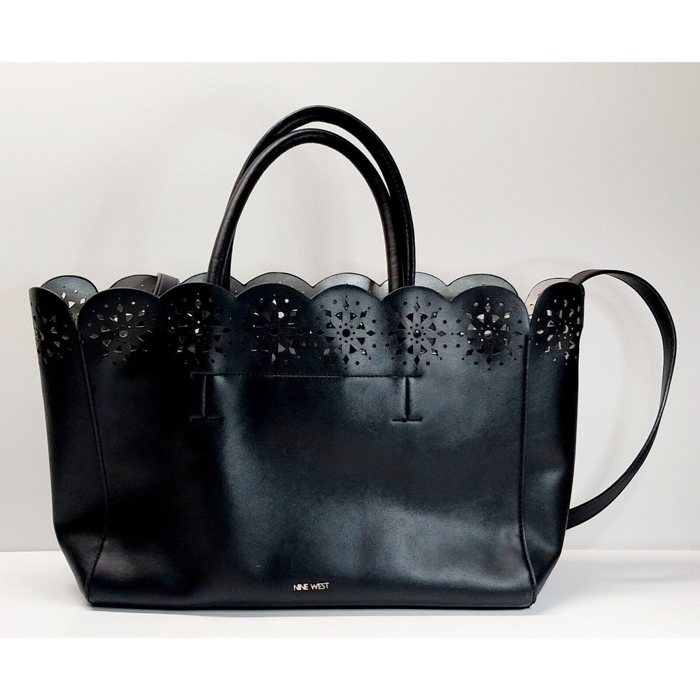 Nine West Black Tote Bag Purse Shoulder Strap Handles Carry All Magnetic Button